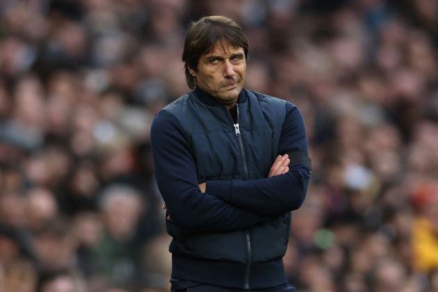 Tottenham Hotspur head coach Antonio Conte gestures on the touchline during the English Premier League football match between Tottenham Hotspur and Aston Villa at Tottenham Hotspur Stadium in London, on January 1, 2023. - - RESTRICTED TO EDITORIAL USE. No use with unauthorized audio, video, data, fixture lists, club/league logos or 'live' services. Online in-match use limited to 120 images. An additional 40 images may be used in extra time. No video emulation. Social media in-match use limited to 120 images. An additional 40 images may be used in extra time. No use in betting publications, games or single club/league/player publications. (Photo by Adrian DENNIS / AFP) / RESTRICTED TO EDITORIAL USE. No use with unauthorized audio, video, data, fixture lists, club/league logos or 'live' services. Online in-match use limited to 120 images. An additional 40 images may be used in extra time. No video emulation. Social media in-match use limited to 120 images. An additional 40 images may be used in extra time. No use in betting publications, games or single club/league/player publications. / RESTRICTED TO EDITORIAL USE. No use with unauthorized audio, video, data, fixture lists, club/league logos or 'live' services. Online in-match use limited to 120 images. An additional 40 images may be used in extra time. No video emulation. Social media in-match use limited to 120 images. An additional 40 images may be used in extra time. No use in betting publications, games or single club/league/player publications. (Photo by ADRIAN DENNIS/AFP via Getty Images)