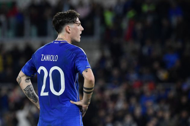 Italy forward Nicolo Zaniolo reacts during the UEFA Euro 2024 qualifying Group C football match between Italy and North Macedonia at the Olympic Stadium in Rome on November 17, 2023. (Photo by Filippo MONTEFORTE / AFP) (Photo by FILIPPO MONTEFORTE/AFP via Getty Images)