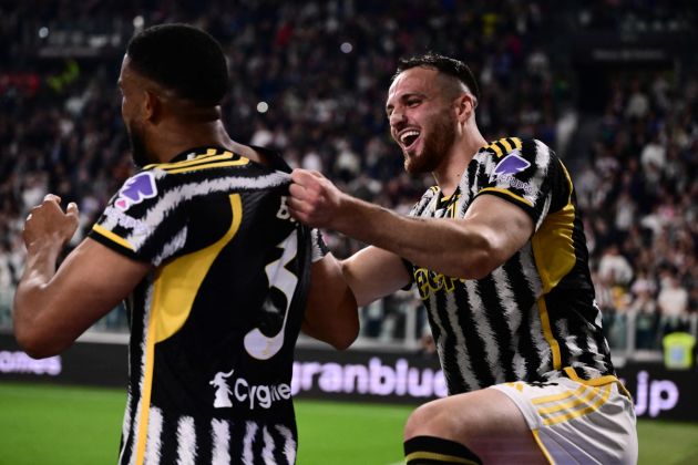 TOPSHOT - Juventus' Italian defender #04 Federico Gatti celebrates with teammate Juventus' Brazilian defender #03 Bremer after scoring the team's first goal during the Italian Serie A football match between Juventus and Fiorentina, at The Allianz Stadium, in Turin on April 7, 2024. (Photo by Marco BERTORELLO / AFP) (Photo by MARCO BERTORELLO/AFP via Getty Images)