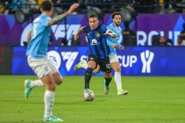 Inter Milan's Argentine forward #10 Lautaro Martinez runs with the ball during the Italian Super Cup semi-final football match between Inter and Lazio at Al-Awwal Park Stadium in Riyadh, on January 19, 2024. (Photo by Fayez NURELDINE / AFP) (Photo by FAYEZ NURELDINE/AFP via Getty Images)