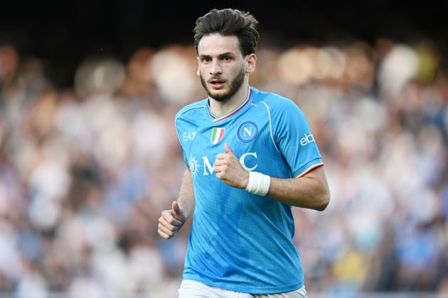 NAPLES, ITALY - APRIL 28: Khvicha Kvaratskhelia of SSC Napoli during the Serie A TIM match between SSC Napoli and AS Roma - Serie A TIM at Stadio Diego Armando Maradona on April 28, 2024 in Naples, Italy. (Photo by Francesco Pecoraro/Getty Images)